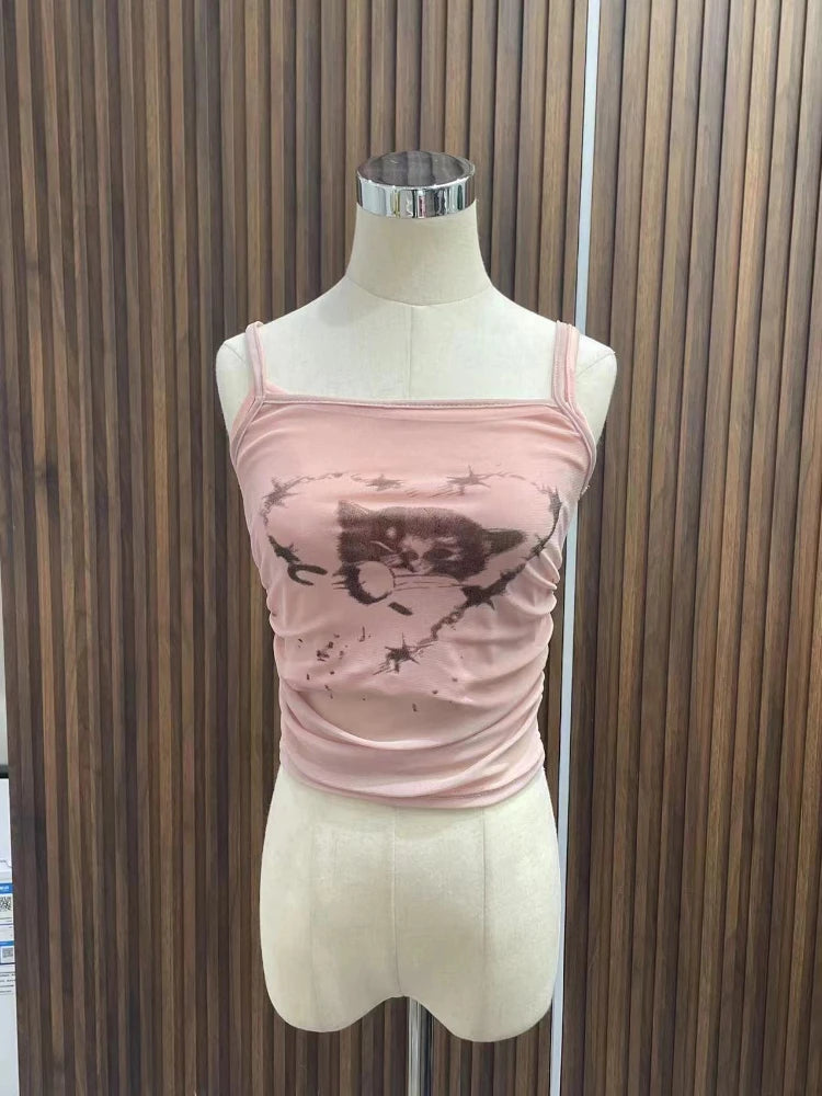 Bxoxo Summer Women Dark Academia Coquette 2000s Aesthetic Bodycon Camisole Gyaru Fake Two Pieces Crop Tops Hot Sexy Kpop Kawaii Y2k