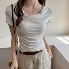 Bxoxo Summer Women's Cropped T Shirts Elegan Slash Neck Short Sleeve Tops Female Korean Slim Office Ladies Basic Tees New