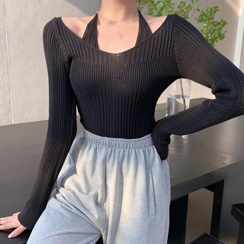 BXOXO Womens Korean version Long Sleeve Sweater Off Shoulder Sexy Knitted Pullover Jumper Sweaters Knit Sweater Casual Loose Blouse