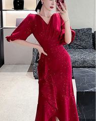 BXOXO Elegant Midi Red Mermaid Dress Women Autumn Korean Sexy V-neck Irregular Sequins Dress Vintage Casual Evening Party Dress