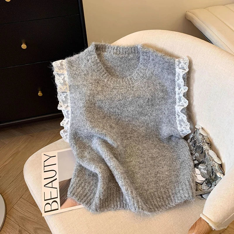 Bxoxo Lace Patchwork Sweet Sweater Vest Women Vintage O Neck Casual Knitted Tops Korean Preppy Style Lady Lazy Wing Cute Vest New