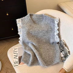 Bxoxo Lace Patchwork Sweet Sweater Vest Women Vintage O Neck Casual Knitted Tops Korean Preppy Style Lady Lazy Wing Cute Vest New