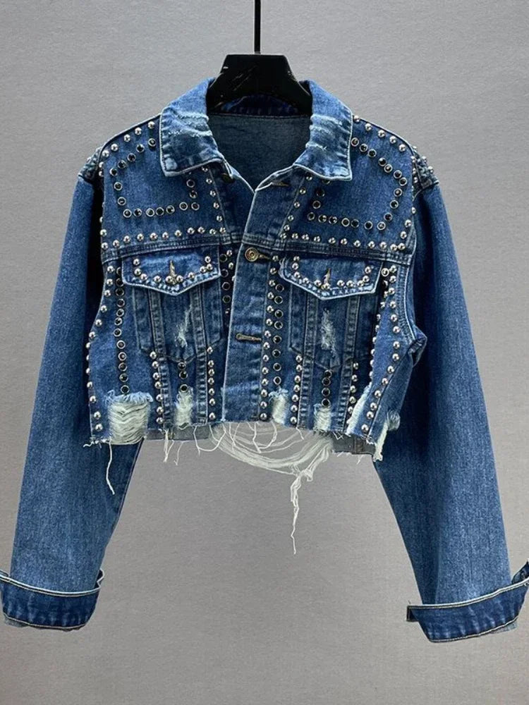 Womens Denim Jacket 2024 Spring Summer New In Heavy Industry Rivet Studded Jean Jacket Women Worn Nail Bead Jean Jacket Top