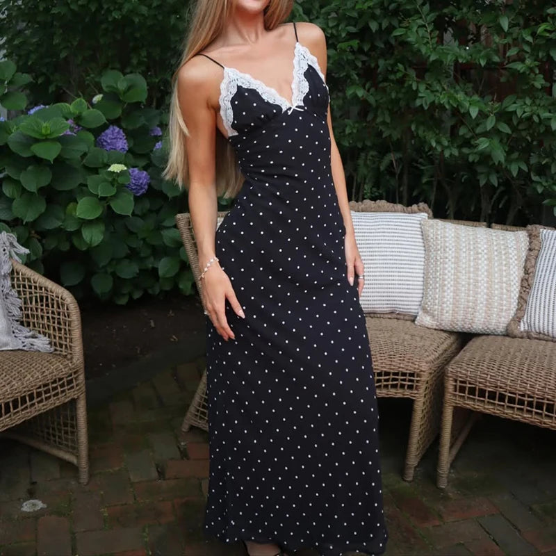 Bxoxo Sexy V-neck Polka Dot Suspender Dress For Women Slim French Retro LAce Splice Long Dress Female Sexy Summer Party Dress