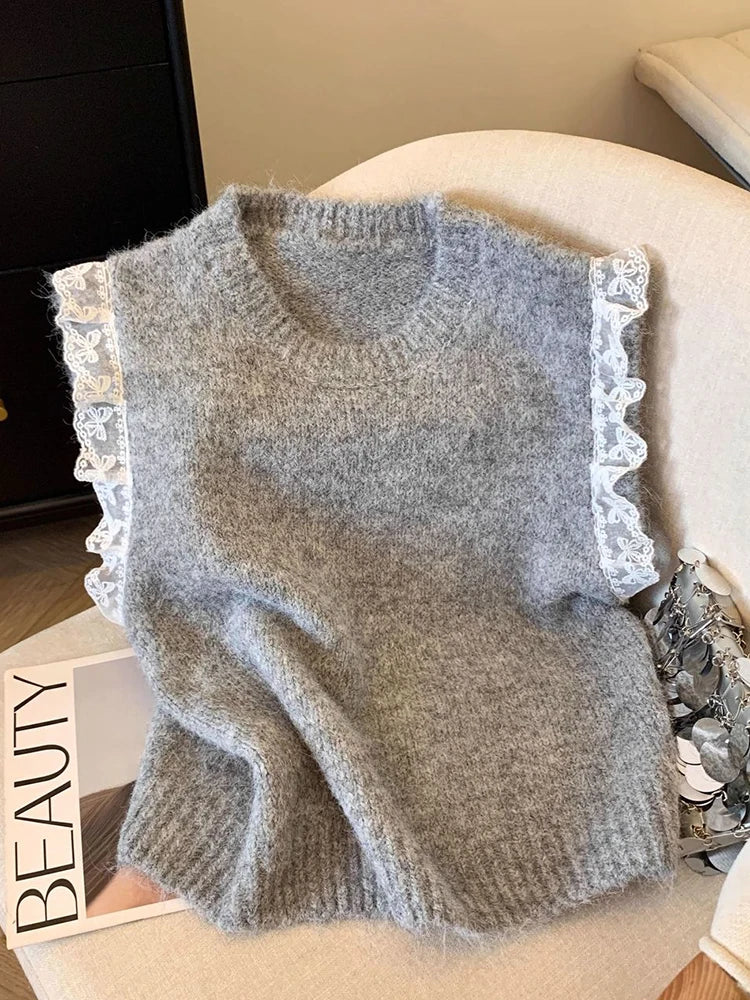 Bxoxo Lace Patchwork Sweet Sweater Vest Women Vintage O Neck Casual Knitted Tops Korean Preppy Style Lady Lazy Wing Cute Vest New