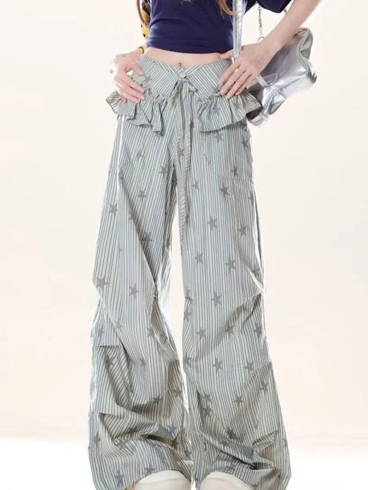 Bxoxo Stars Print Y2K Cargo Pant Women Vintage Streetwear Loose High Waist Design Trousers Hip Hop Retro American Casual Wide Leg Pant