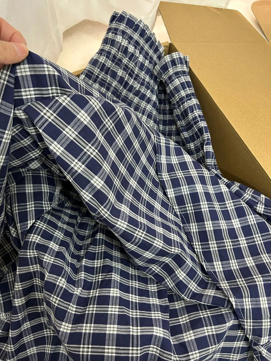 BXOXO Navy Plaid Knee-Length Skirt Woman Summer Ruffles Elastic Waist A-line Short Faldas Female Vintage Preppy Style Sweet Skirts Y2k
