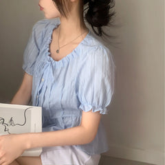 Bxoxo Chic Summer New Sweet Design Sense Bow Tie Flower Embroidery Bubble Sve Top Women's irt Fre Sle round Ne ort Sve