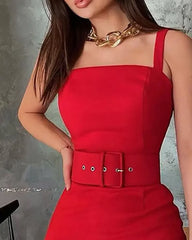 BXOXO Red Square Neckline Suspender Skirt with Waistband Waist Cinching Tight Fitting Buttocks Wrapped Slim Fit Mini Short Skirt Dress