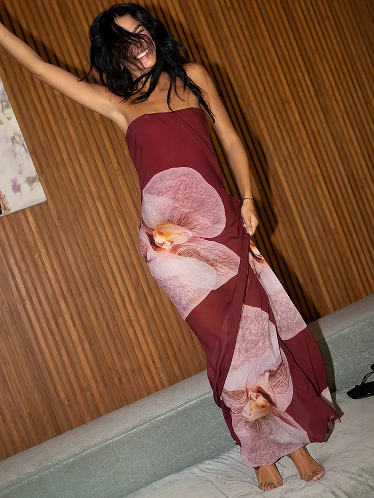 BXOXO Floral Print Strapless Sexy Maxi Dress For Women Gown Patchwork Off-shoulder Backless Sleeveless Print Long Dress