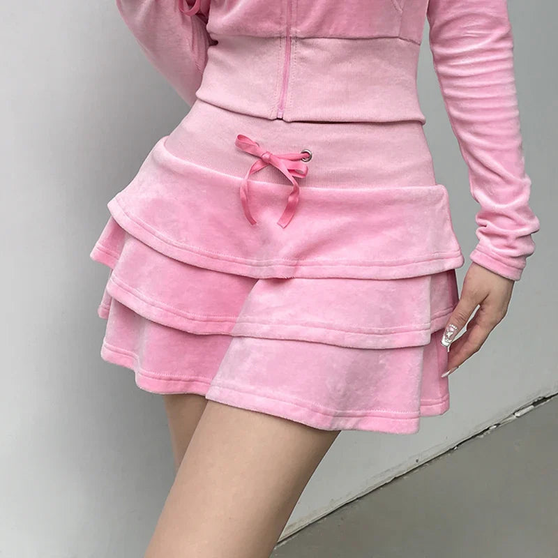 BXOXO Cutecore Sweet Pink Velour Autumn Skirt Women Korean Shirring High Waist A-Line Skirts Mini Three-Layer Birthday