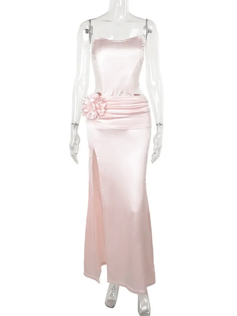 BXOXO Fashion Strapless Satin Birthday Party Dresses for Women Pink Sleeveless Backless Folds Long Evening Dress Lady Split Prom Gowns