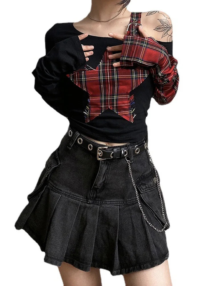 BXOXO Summer Star Patchwork Crop Tops Plaid T Shirt Women Fashion Off Single Shoulder Y2k Tee OverSleeve Fairy Grunge Shirts