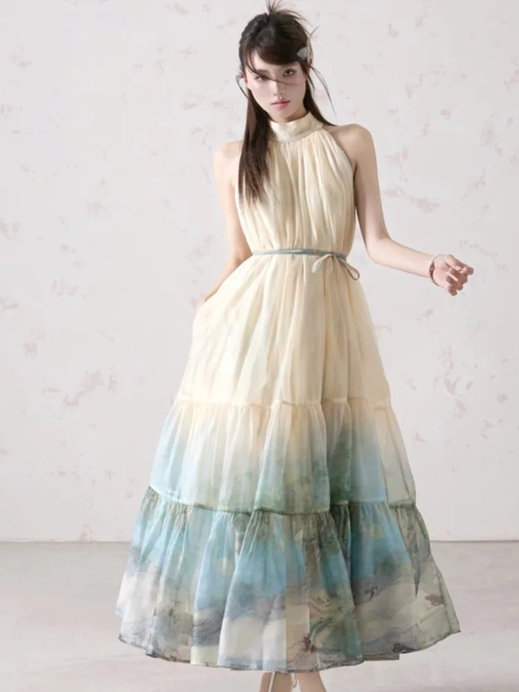 Bxoxo Women Summer Fashion Vintage Print Hanging Neck A-Line Dress Off-shoulder Sleeveless Pleated Dresses Casual Female Clothes Robe