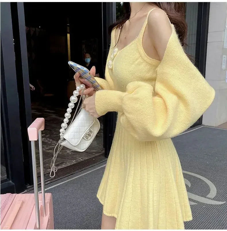 Bxoxo  Korean Autumn Winter Sweet Knitted Two Piece Dress Set Women Strap +Casual Coat Dress Set Style Solid Dress Suit