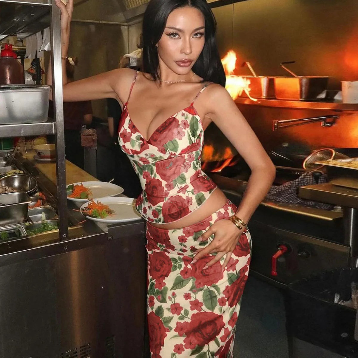 BXOXO Floral Print Sexy Skirt Two Piece Sets Women Fashion Sleeveless Crop Tops And Long Skirt Femme Printed Two Piece Sets