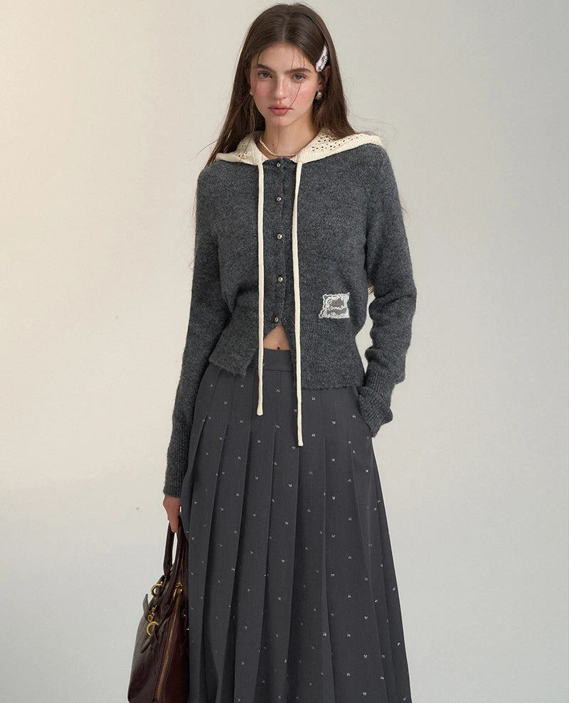 Bxoxo Vintage Streetwear Hooded Cardigan Women Long Sleeve Hollow Out Patchwork Knitted Sweaters American Retro Lace Up Lace Tops