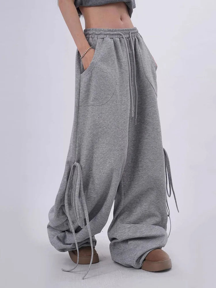 Bxoxo Streetwear Gray Sweatpants Women Low Waist Loose Harajuku Pockets Pants American Casual Hip Hop Lace Up Oversize Bf Trousers New