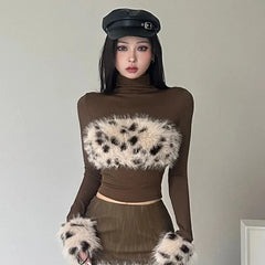 Bxoxo Leopard Patchwork Women T Shirt Autumn Half Turtleneck Long Sleeve Slim Crop Top Y2K American Streetwear All Match Tees Female