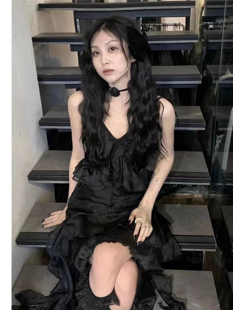 BXOXO  Japanese Sexy Dark Sleeveless V-neck Women Dresses Cascading Ruffles Asymmetrical Femme Robe Harajuku 2025 Summer Camisole Dress