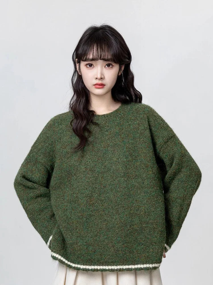 Bxoxo Cute Retro Green Sweaters Women Preppy Style Loose O Neck Long Sleeve Knitted Jumper Japan Vintage Sweet Female Simple Pullovers