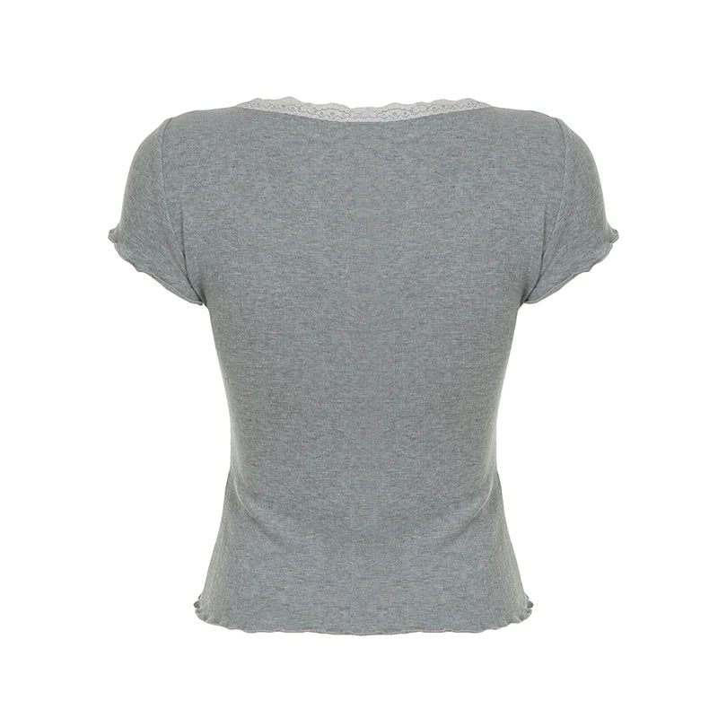 Bxoxo Kawaii Lace Stitching Grey Knitted Crop Top Korean Fashion Short Sleeve Button-up Skinny T-shirt for Women Y2k Streetwear