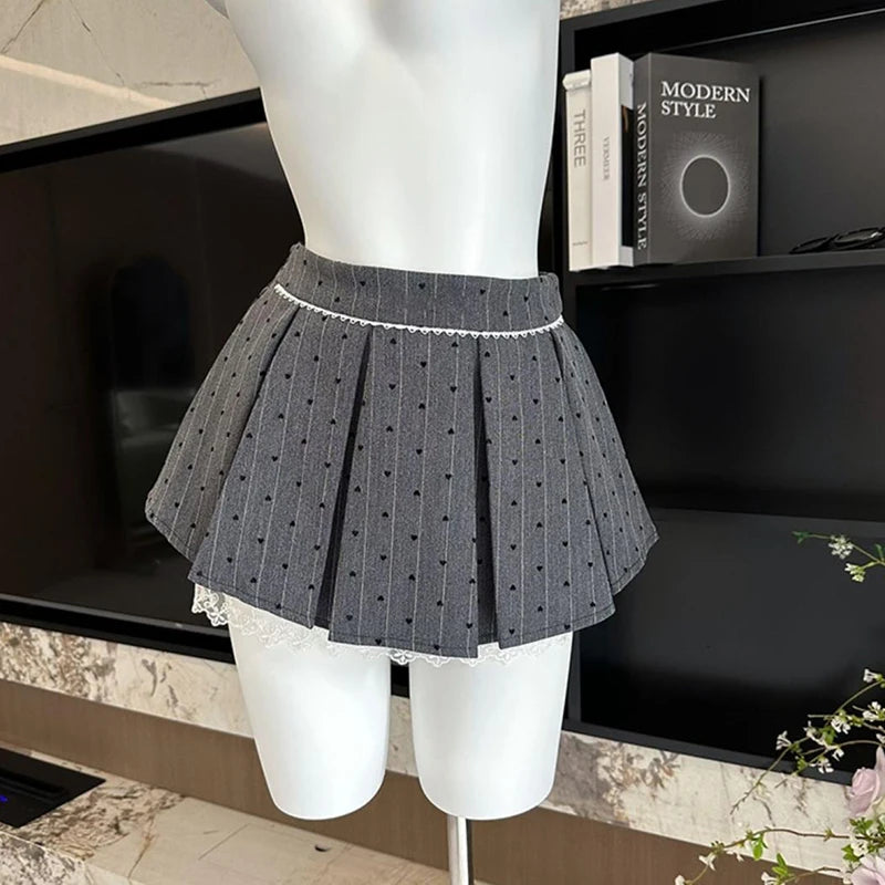 Bxoxo Sweet Bow Lace Stitching Women Skirts Spring Korean A Line Pleated Skirts Y2K High Waist Streetwear All Match Ladies Mini Skirt
