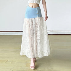 Bxoxo Fairycore Lace Stitching Skirt Chic Irregular Denim Patchwork Low Rise Long Skirts for Women Summer Streetwear y2k Skirts