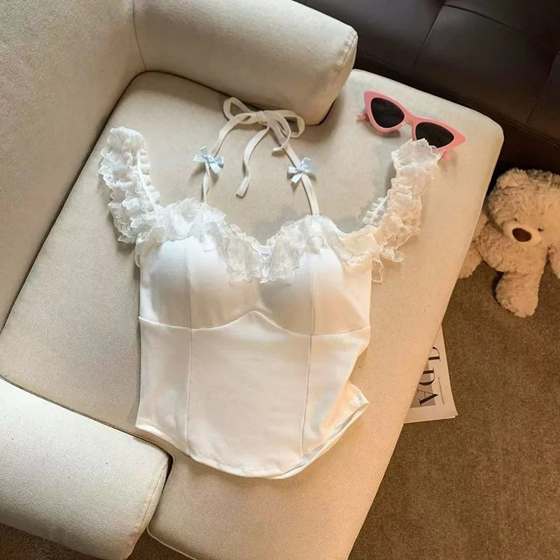 Bxoxo Sexy Slash Neck Lace Halter Camis Women Summer Sweet Slim Sleeveless Vest Y2K Streetwear Hot Girls Off Shoulder Tank New