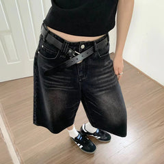 BXOXO Women Black Y2k Style Baggy Denim Shorts Wide Leg Short Pants Fashion High Waisted Dark Wash Knee Length Jeans Female Casual