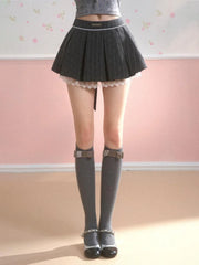 Bxoxo New Gray Pleated Y2k Mini Skirt Women Summer Lace Patchwork Bow Fashion Skirt Lolita Style Striped Dot Print Cutecore Skirt