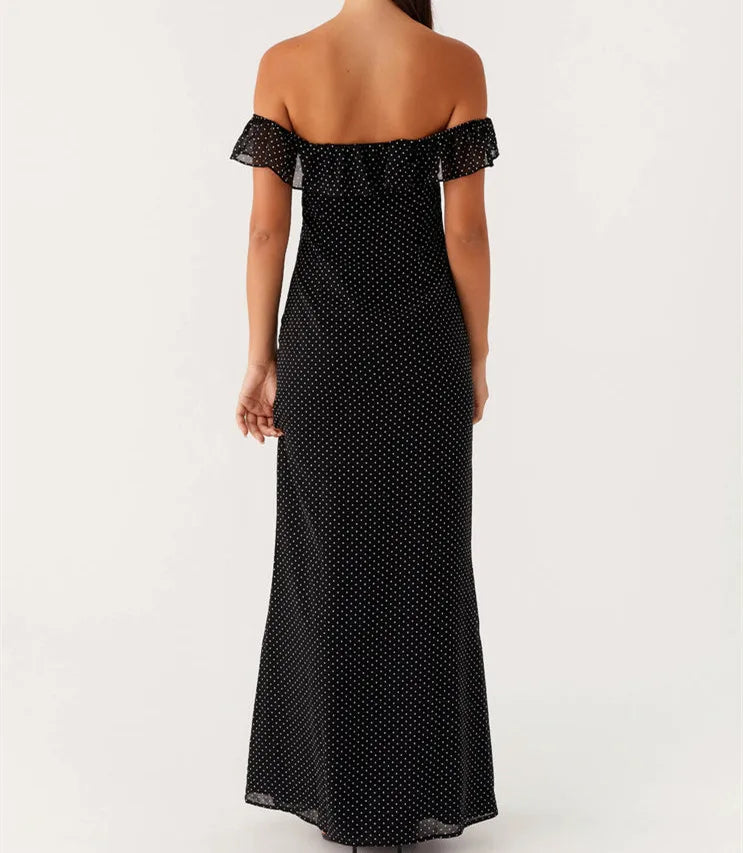 BXOXO Women Off Shoulder Long Dress Slim Dot/Plaid Tie-up Cut Out Ruffle Sleeve Backless Bodycon Dress for Party Club