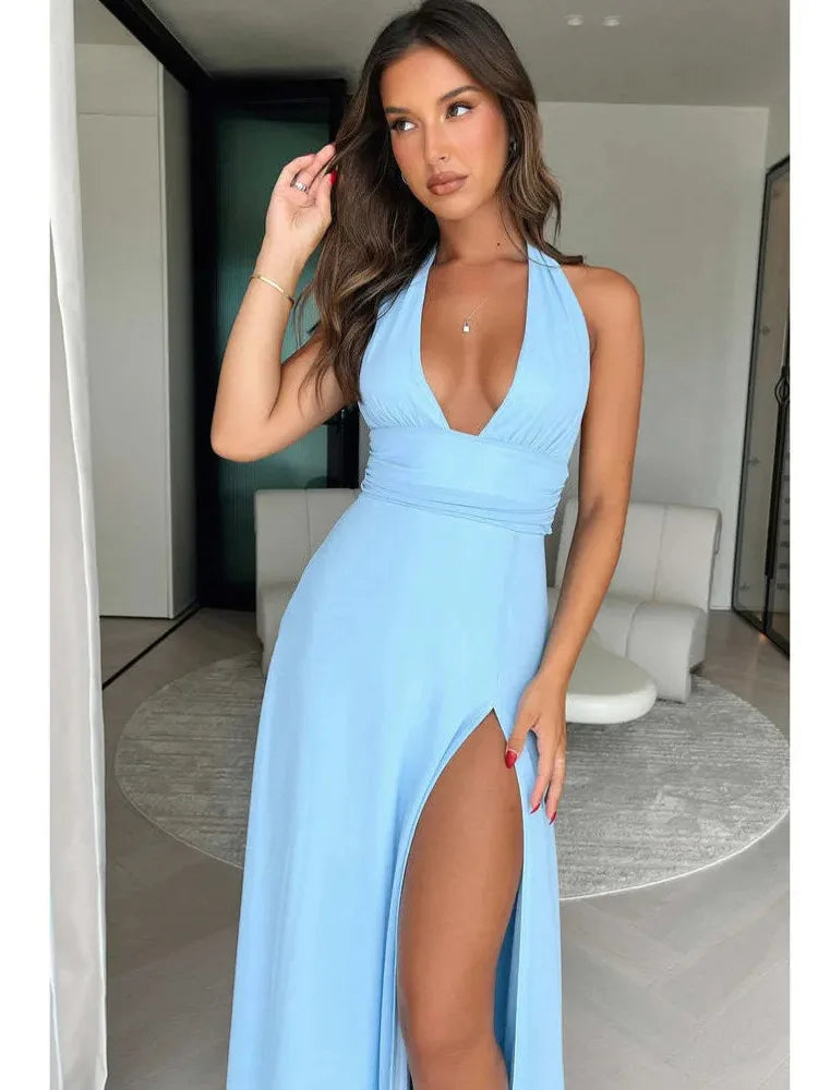 BXOXO Elegant Sleeveless Open Back High Split Dress Women Slim Lace Up Evening Dress Female Elegance Club Party Vestidos