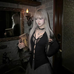 BXOXO Black V-neck Lace Patchwork Tops Mujer Sexy Hollow Out Slim Fit T-shirt for Women 2025 Autumn New Long Sleeve Tee Shirt