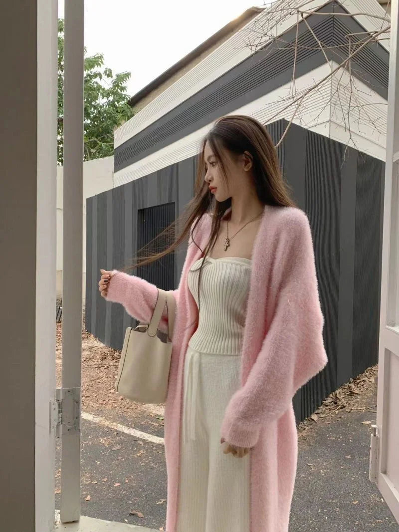 Bxoxo New Imitation Mink Coat Slimming Autumn And Winter Loose Fitting Long Sweater Thickened Lazy Knitted Cardigan Jacket White