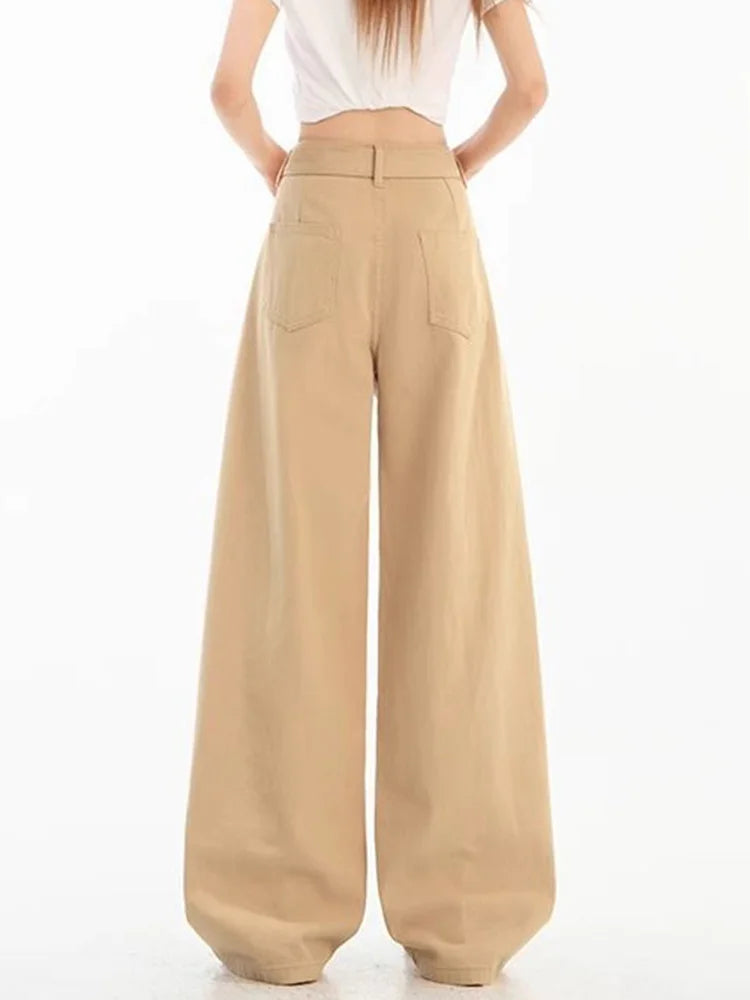 Bxoxo Belt Retro Khaki Jeans Women Y2K High Waist Loose Streetwear Denim Pants Casual American Vintage Autumn Wide Leg Trousers