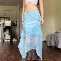 Bxoxo Vintage Floral Skirt Women Boho Mesh Y2k Ruffle Skirts Irregular Summer Fashion Layered Vacation Long Skirts Streetwear