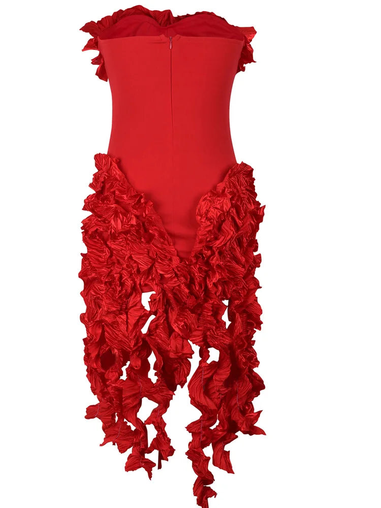BXOXO  Women Summer Strapless Ruffles Tassel Dress Girls Glamour Red Flower Irregular Party Dress Celebrities Outfits Clubwear