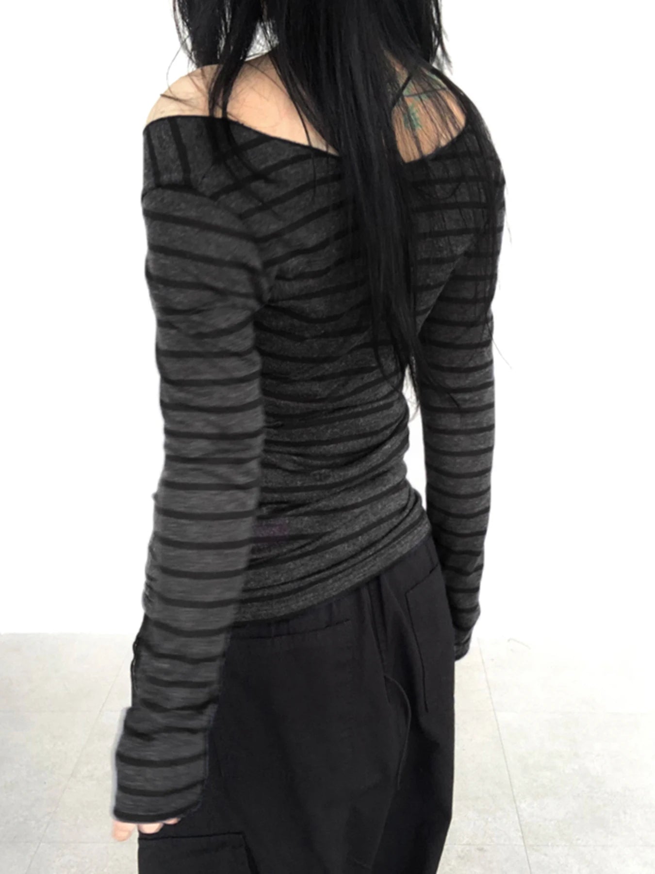 Bxoxo Japanese Basic Slim Long Sleeve Stripe Tee Off Shoulder O Neck Korean Street Style Spring Autumn Y2K Gray T Shirt Women