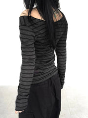 Bxoxo Japanese Basic Slim Long Sleeve Stripe Tee Off Shoulder O Neck Korean Street Style Spring Autumn Y2K Gray T Shirt Women