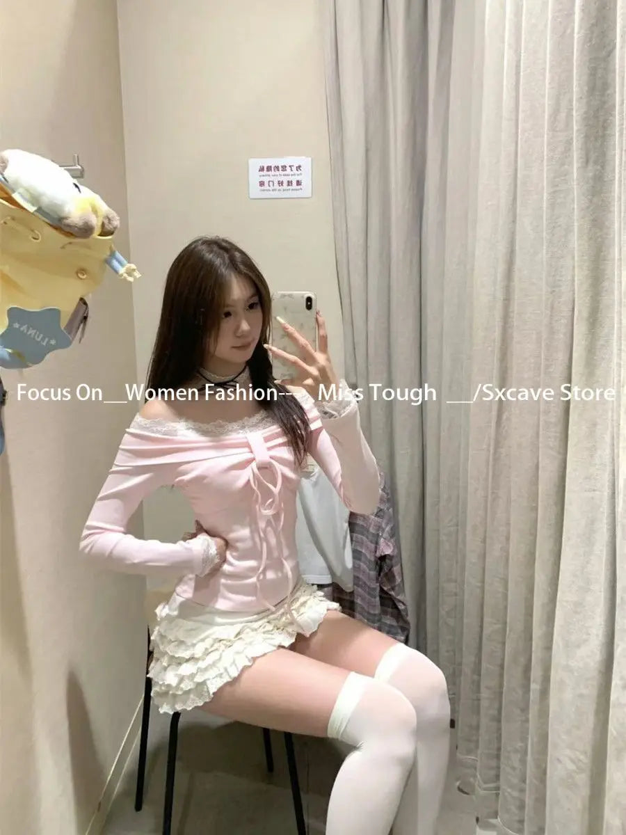 BXOXO Autumn Japanese Sweet Long Sleeve Sweater Women Elegant Chic Bow Off Shoulder Solid Thin Pullover Cute Pretty Skinny Lace Up Top