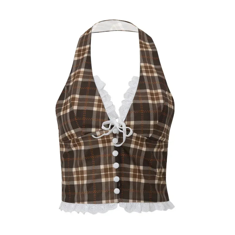 BXOXO Vintage Plaid Print Halter Vest Women Y2K Korean Sexy V Neck Cardigan Tops Summer Streetwear Patchwork Female Tank