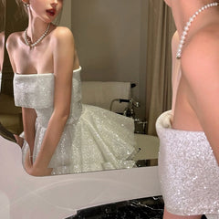 BXOXO Elegant Glitter Hight Waist Solid Party Dress Fashion Backless Slim Evening Dress Sexy Strapless Sleeveless Bodycon Mini Dresses