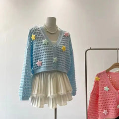 Bxoxo Sweet Star Hollow Out Knitted Cardigans Women Kawaii Y2k Pink Crop Tops Elegant Casual Cutecore Long Sleeve Cardigans