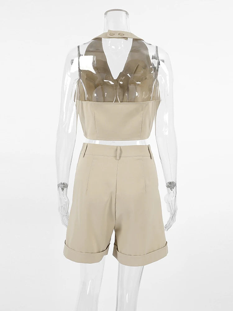 Bxoxo Spring Summer Women Office Shorts Suit Set Solid Khaki Sleeveless Halter Outfit 2 Piece Matching Sets For Women