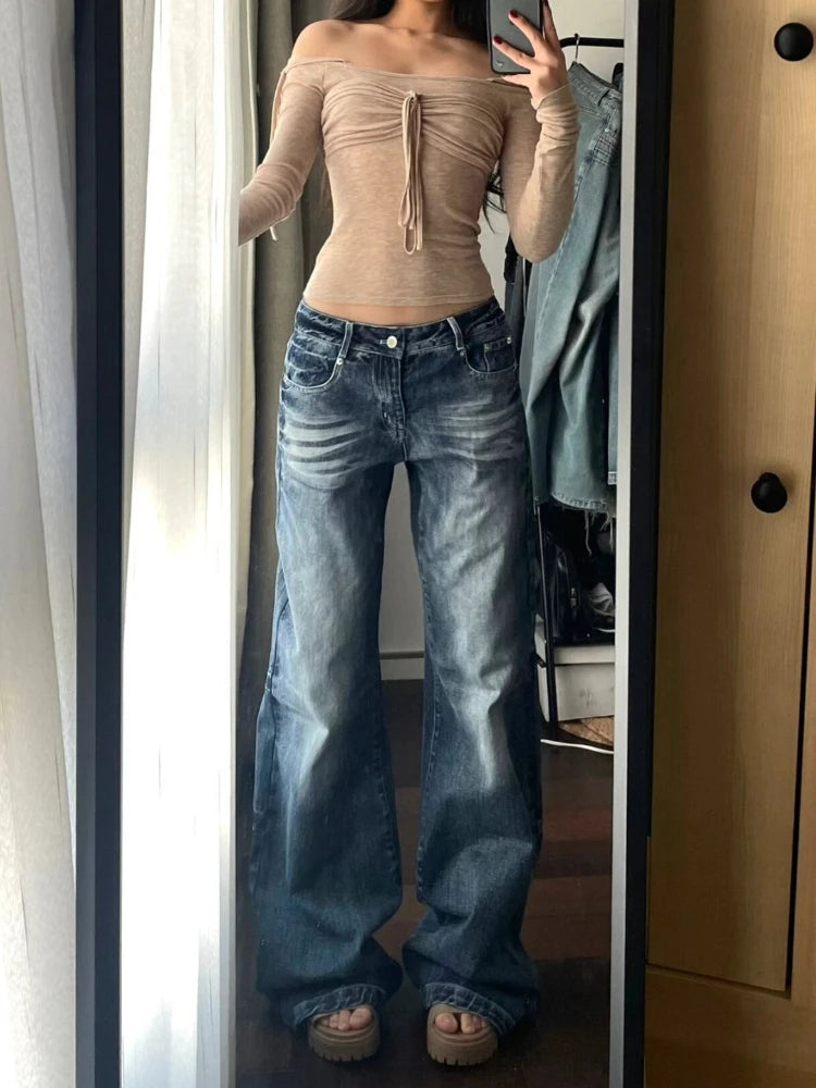 BXOXO Y2k Vintage Baggy Wide Leg Jeans for Women Washed Casual High Waist Loose Denim Pants Streetwear Korean Flared Trousers