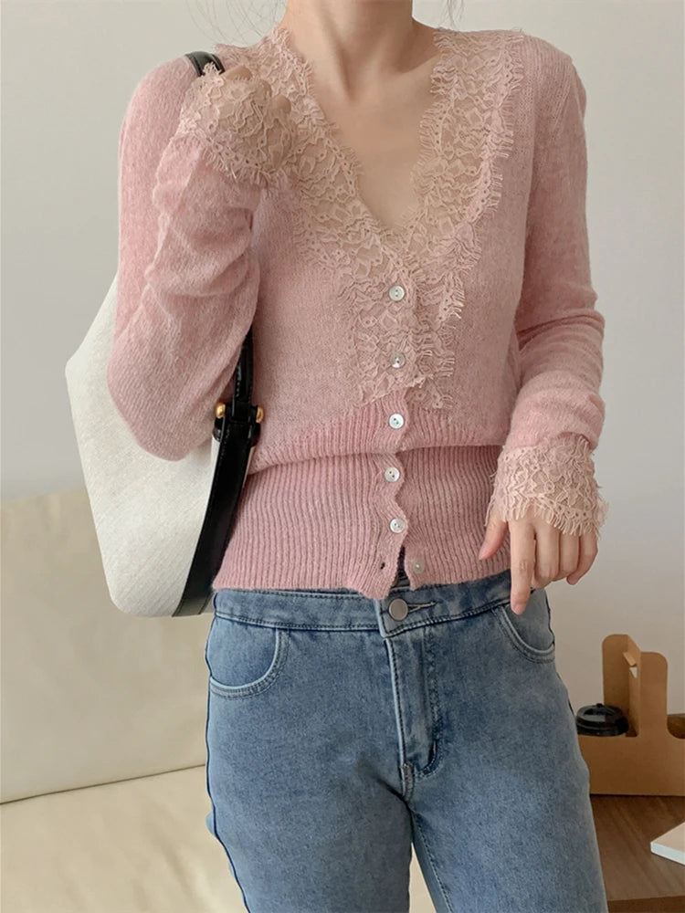 BXOXO Korean Fashion Chic Vintage Sweater Lace Women Autumn Winter Knitted V-Neck Cardigans Elegant Tops