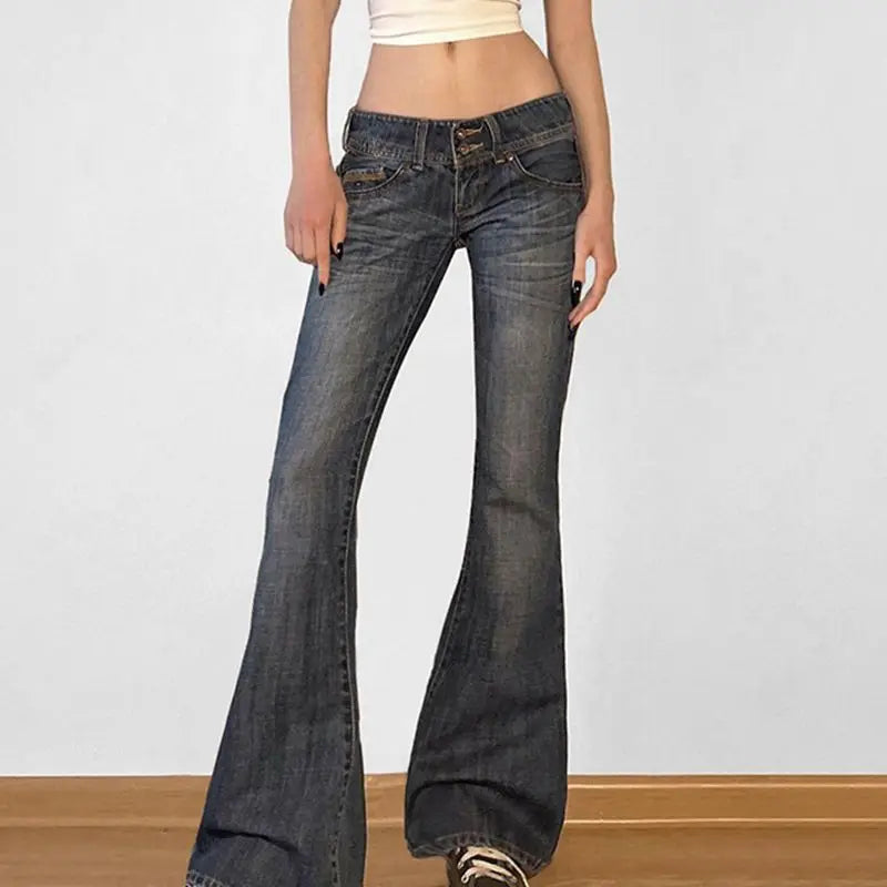 Bxoxo Vintage Washed Basic Flared Jeans Women Low Waist American Style Slim Denim Pants Button-up Trousers Casual Aesthetic