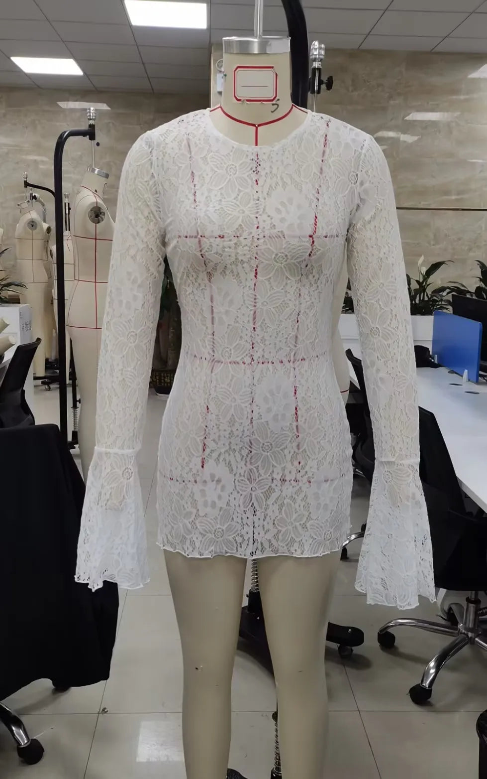 BXOXO Women’s Open Back Lace Mini Dress Long Sleeve Round Neck Solid Color Dress Summer Holiday Beach Cover Up Dress