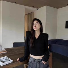 Bxoxo Autumn V Neck Knit Sweater for Women Y2K Korean Chic Right Angle Shoulder Crop Pullover Female Fashion Streetwear Slim Jumper